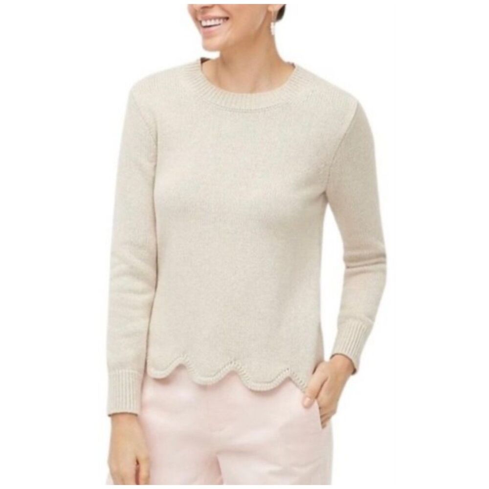 J.CREW Scalloped Hem Crew Neck Beige Cream Sweater